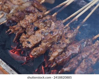 Illustrative reference image of beef satay on a charcoal grill, not verified as Mors Satay food