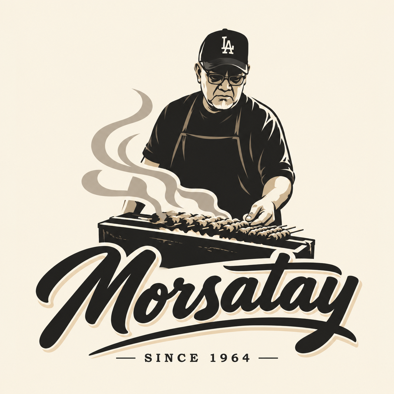 Original Mors Satay illustrated logo featuring father Morsidi grilling satay, with the words Since 1964