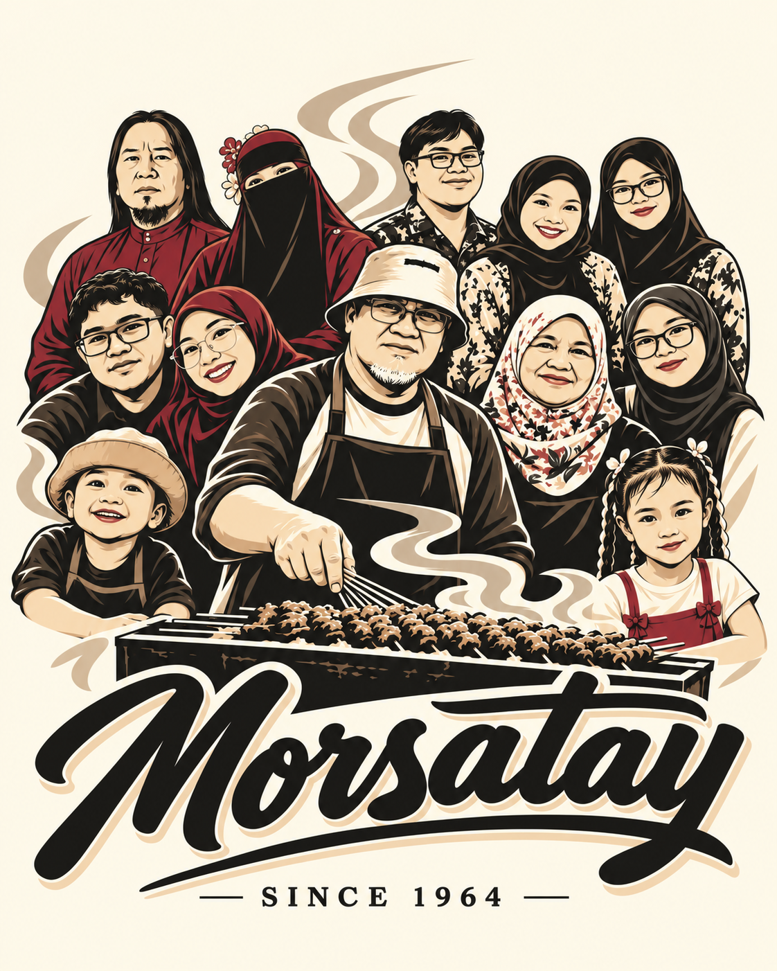 Illustrated Mors Satay family portrait with Morsidi at the charcoal grill, surrounded by the family, with Morsatay Since 1964 lettering
